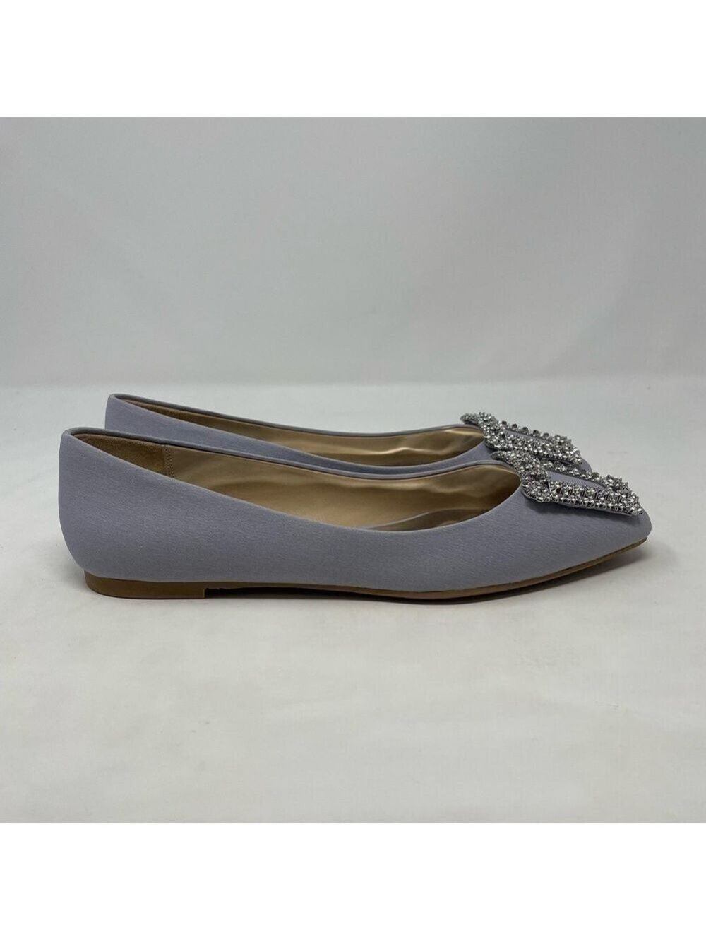 Badgley Mischka Emerie Embellished Crystal Buckle Satin Silver Slip on Flats NWT - Picture 8 of 13